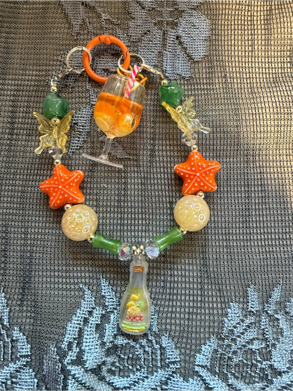Glass Charm Statement Keychain - Orange Star & Green Accents